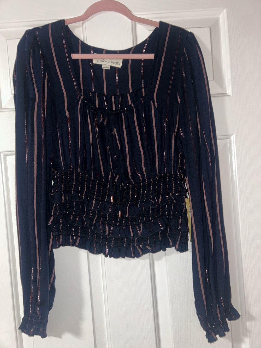 Vintage Savana- Navy Blue with Rose Gold Metallic Stripe Ruffle Peasant Blouse